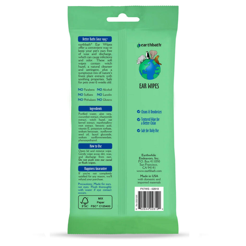 Earthbath Witch Hazel & Chamomile Ear Wipes for Dogs & Cats (30 ct)