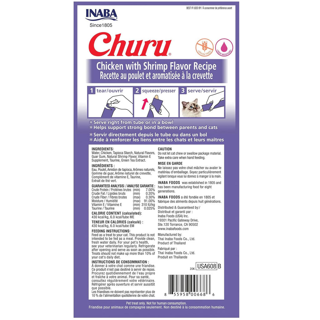 Inaba Churu Chicken with Shrimp Puree Grain-Free Lickable Treat for Cats, 0.5-oz x 4-tubes