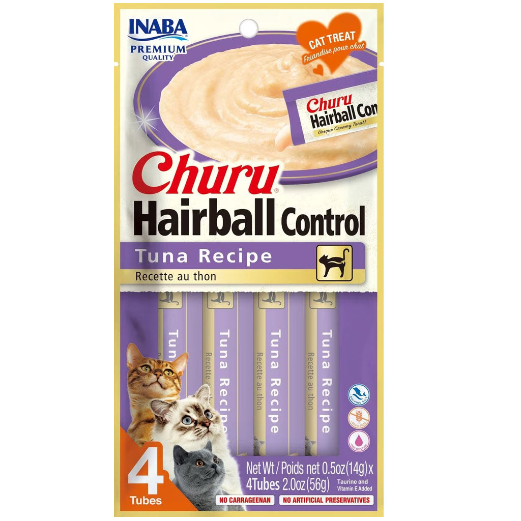Inaba Churu Indoor Care Tuna Recipe Puree Grain-Free Lickable Treat for Cats, 0.5-oz x 4-tubes