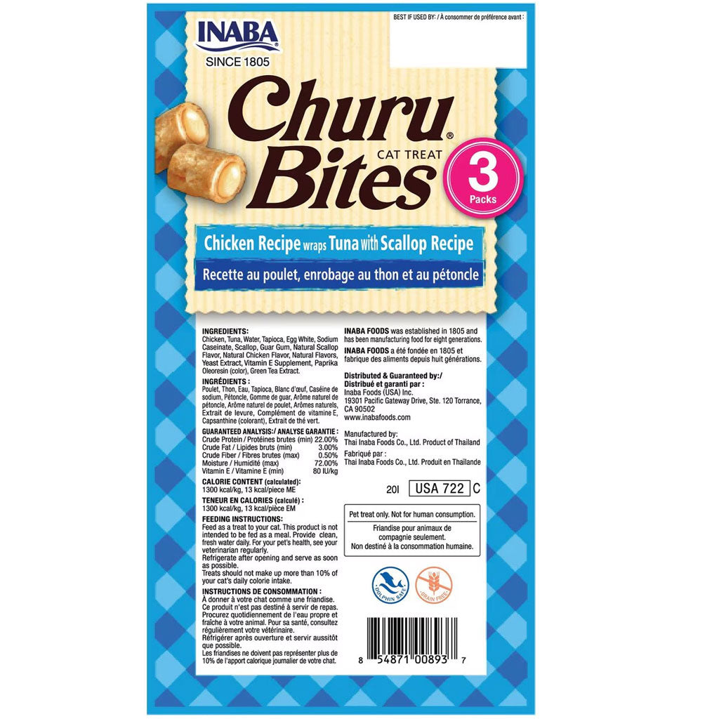 Inaba Churu Bites Chicken Recipe wraps Tuna with Scallop Recipe Cat Treats, 0.35-oz X 3