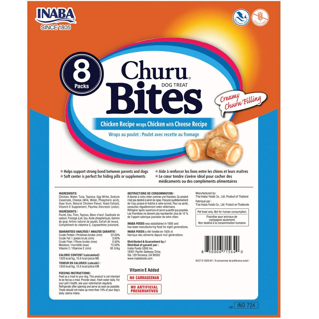 Inaba Churu Bites Chicken Recipe wraps Chicken with Cheese Dog Treats, 0.42-oz X 8 Tubes
