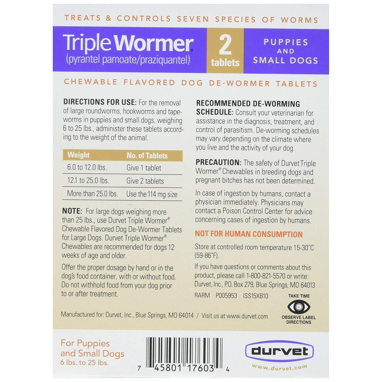 Triple Wormer for Dogs 6 to 25 lbs. - 2 tablets