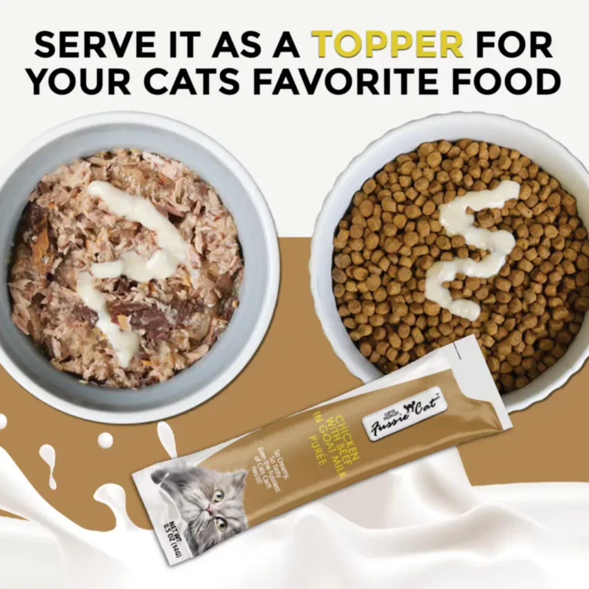 Fussie Cat Chicken with Beef in Goat Milk Puree Lickable Cat Treats, 0.5-oz x 4-tubes