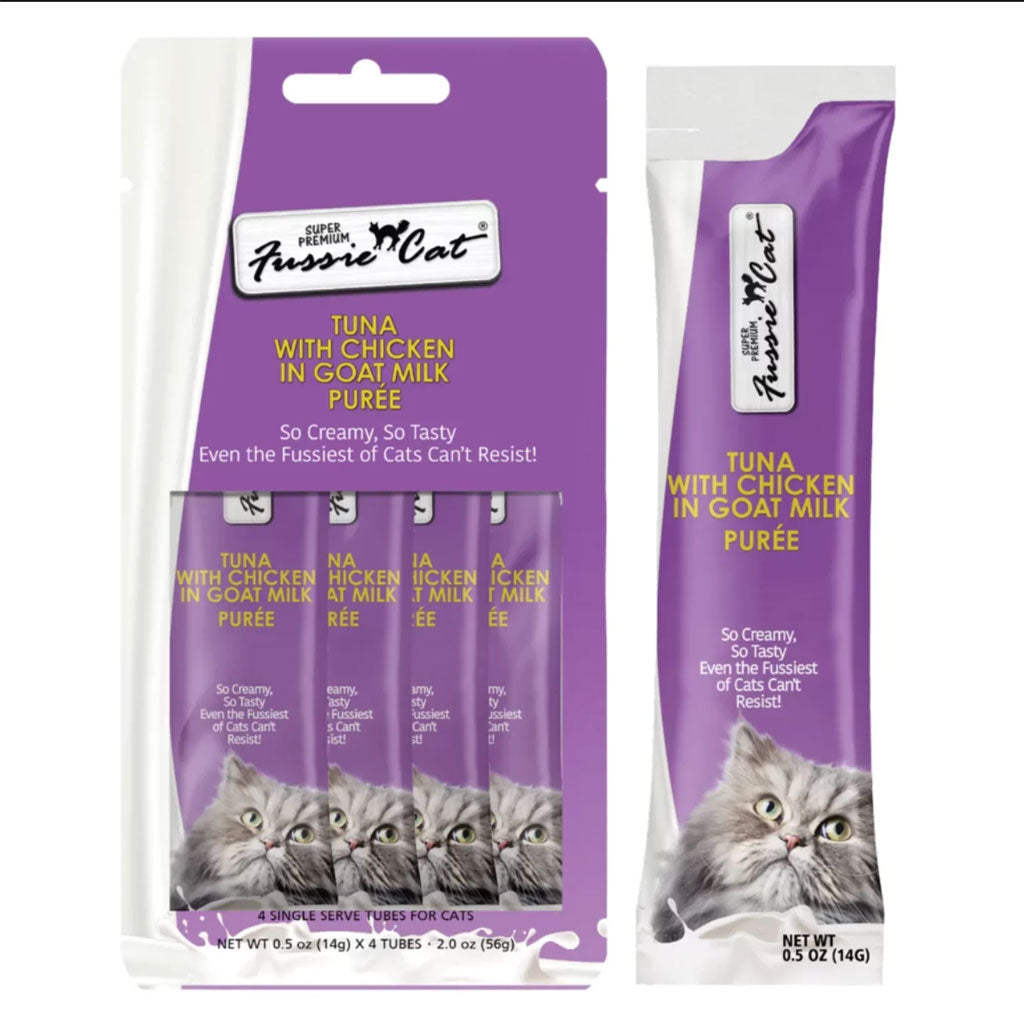 Fussie Cat Tuna with Chicken in Goat Milk Puree Lickable Cat Treats, 0.5-oz x 4-tubes