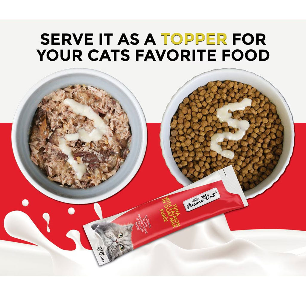 Fussie Cat Tuna with Salmon in Goat Milk Puree Lickable Cat Treats, 0.5-oz x 4-tubes