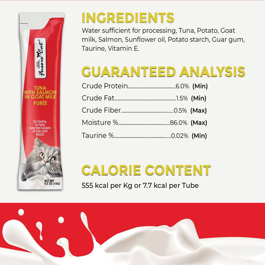 Fussie Cat Tuna with Salmon in Goat Milk Puree Lickable Cat Treats, 0.5-oz x 4-tubes