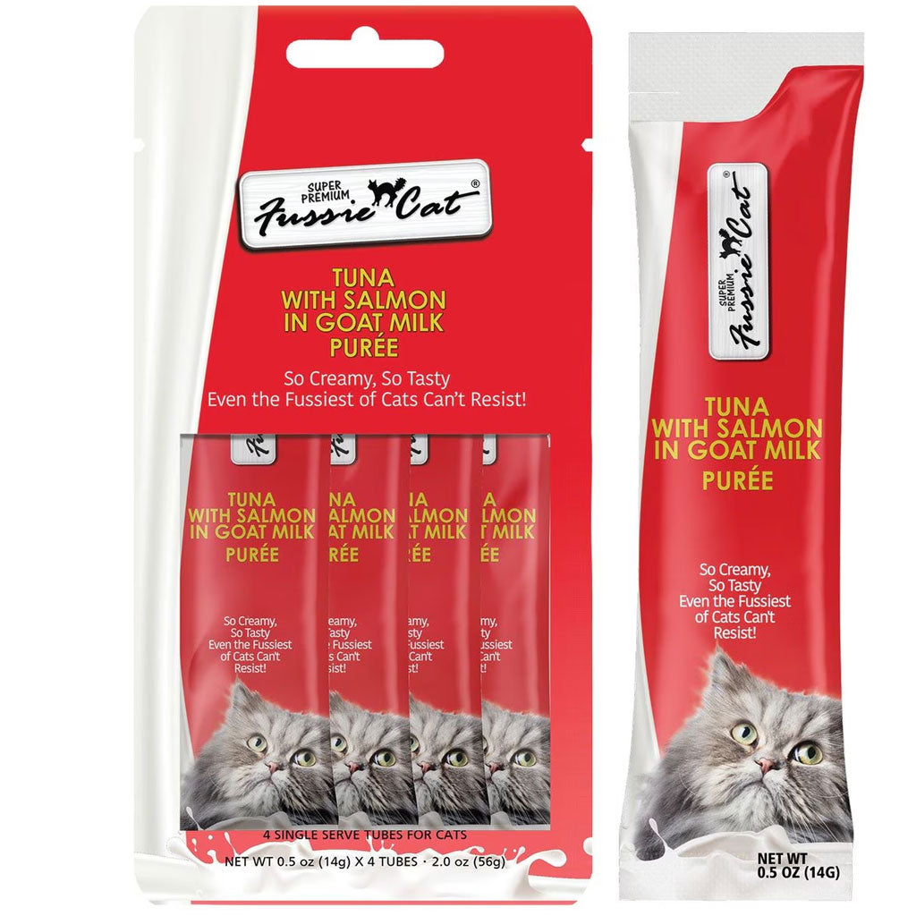 Fussie Cat Tuna with Salmon in Goat Milk Puree Lickable Cat Treats, 0.5-oz x 4-tubes