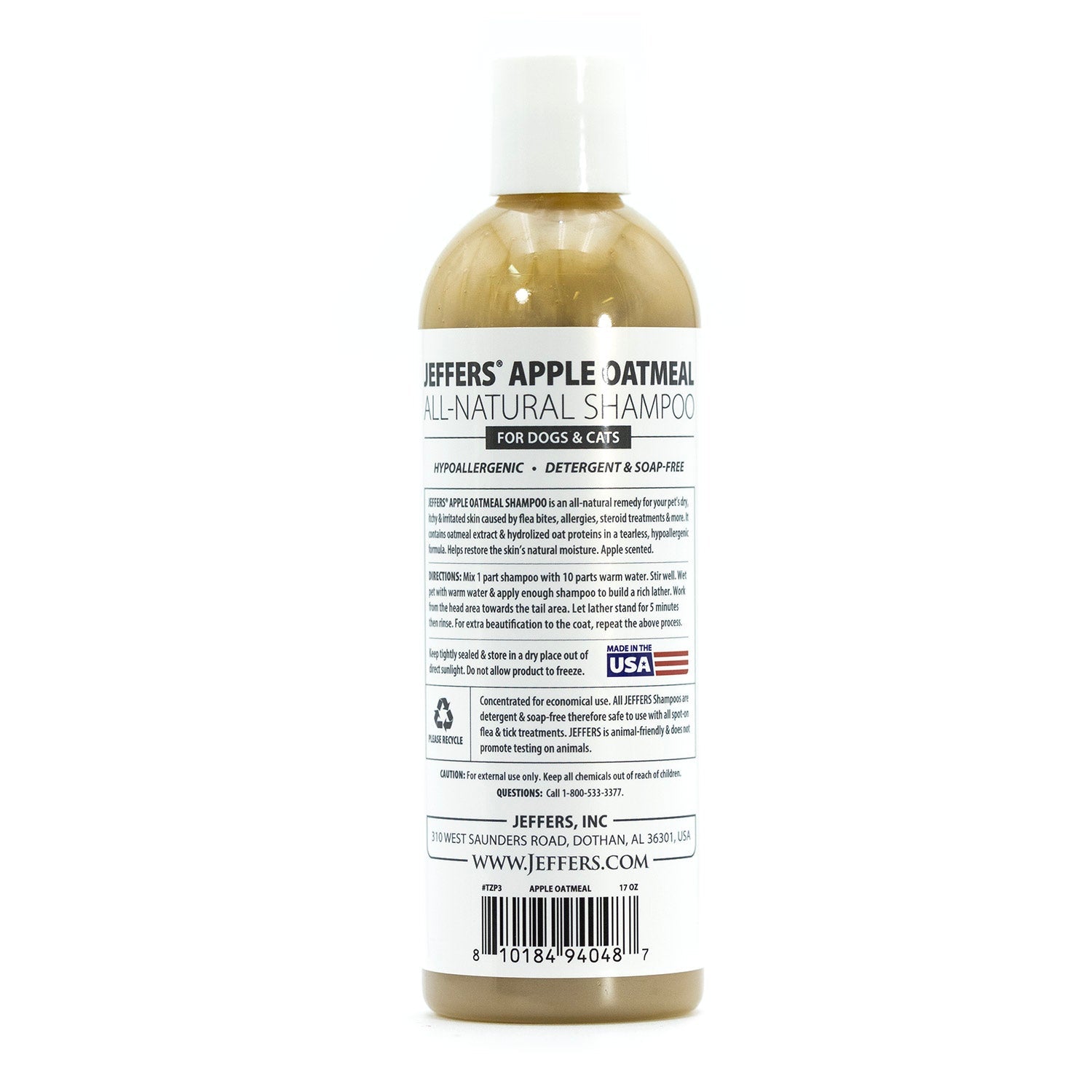 Jeffers Pet Apple Oatmeal All-Natural Hypoallergenic Dry Skin Shampoo for Dogs and Cats
