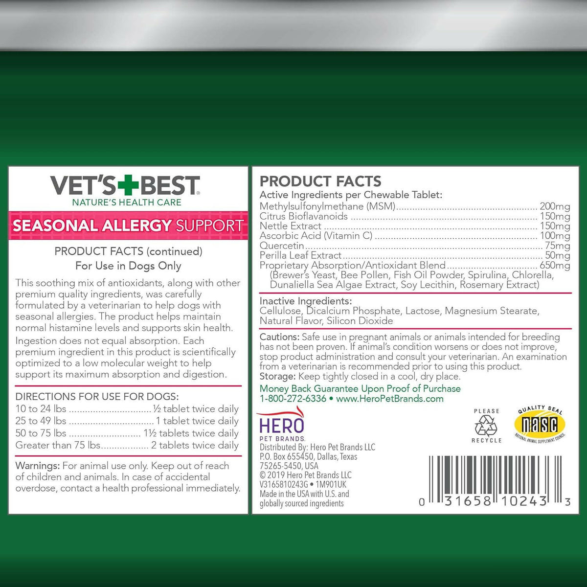 Vet's Best Seasonal Allergy Support Chewable Tablets For Dogs (60 Tablets)