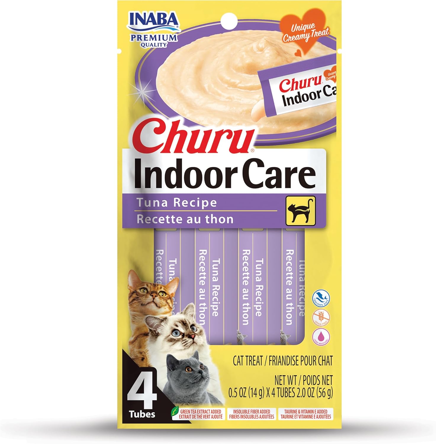 Inaba Churu Indoor Care Tuna Recipe Puree Grain-Free Lickable Treat for Cats, 0.5-oz x 4-tubes