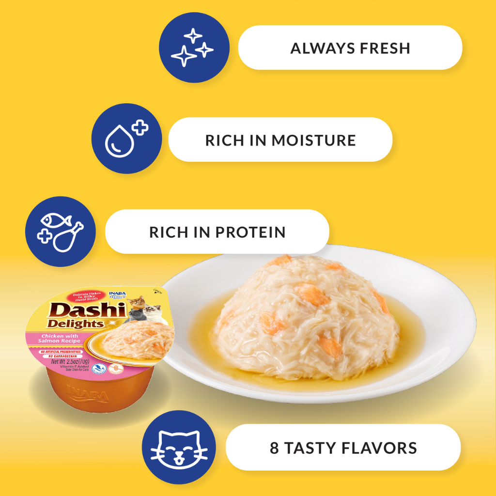 Inaba Dashi Delights Chicken with Tuna & Salmon Recipe Flakes in Broth Cat Food Topping, 2.5-oz cup (Pack of 6)