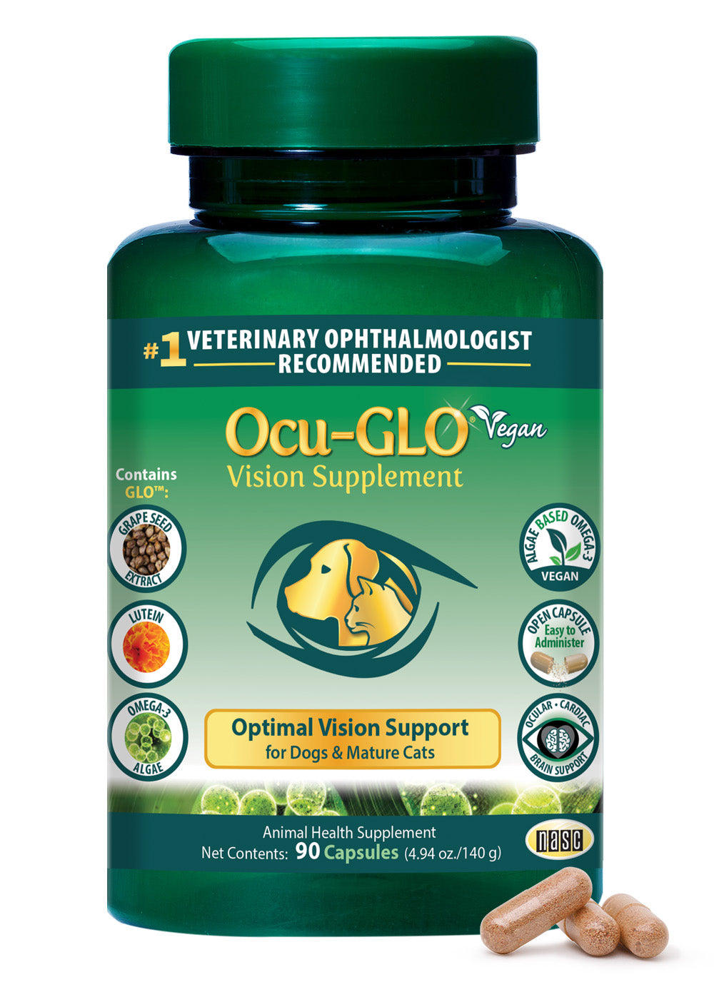 Ocu-GLO Vegan Vision Supplement for Dogs & Mature Cats, 90-capsules