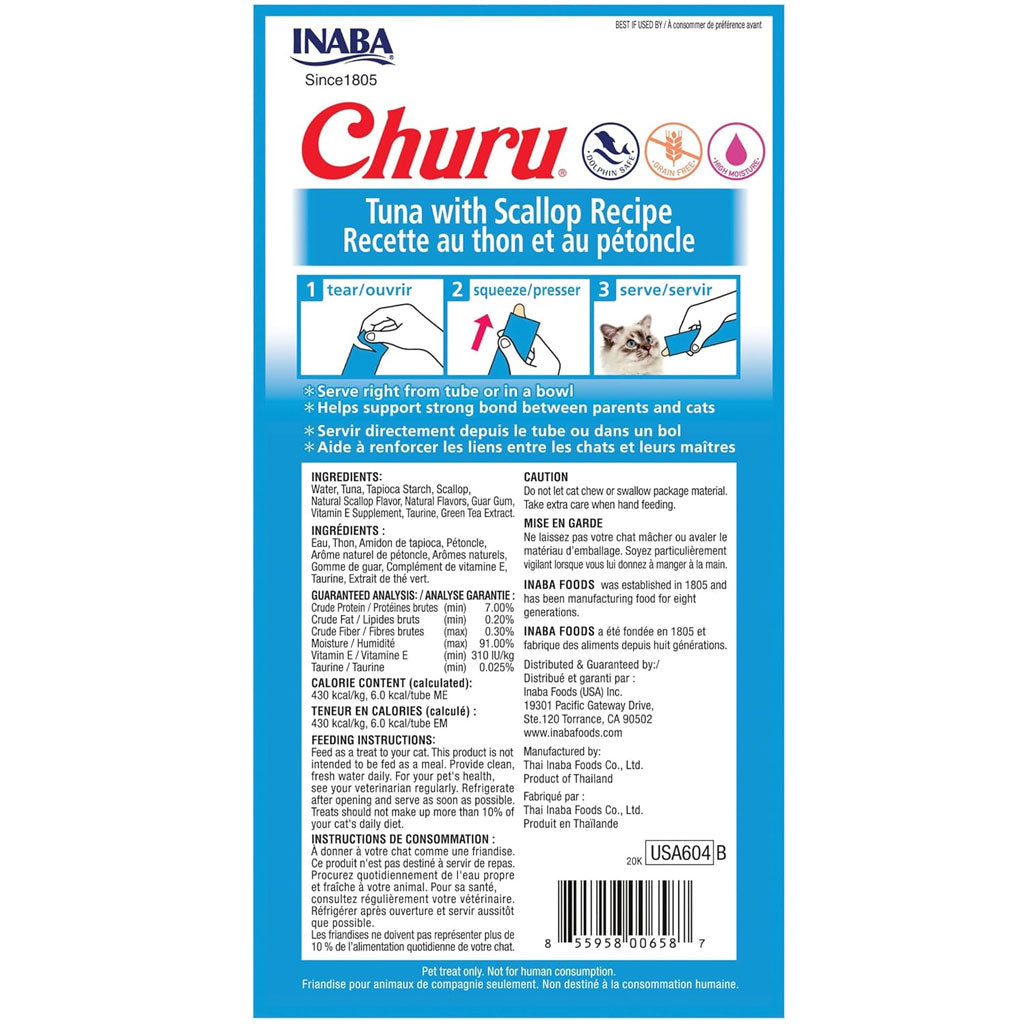 Inaba Churu Tuna with Scallop Puree Grain-Free Lickable Treat for Cats, 0.5-oz x 4-tubes
