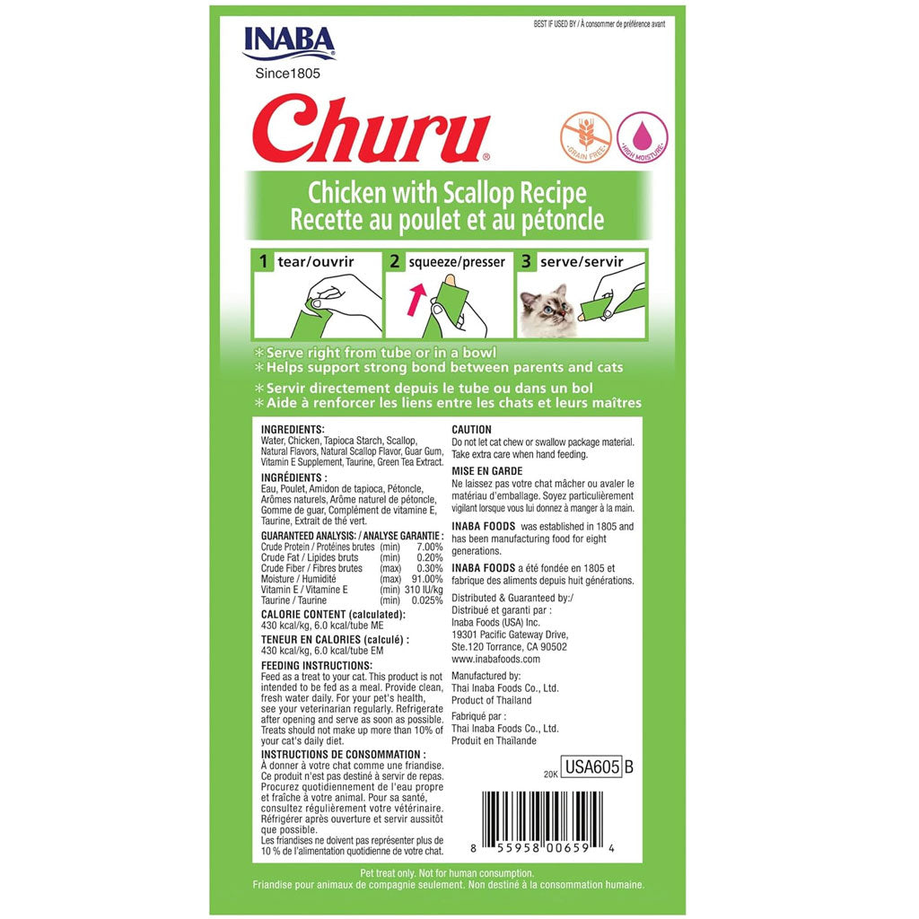 Inaba Churu Chicken  with Scallop Puree Grain-Free Lickable Treat for Cats, 0.5-oz x 4-tubes