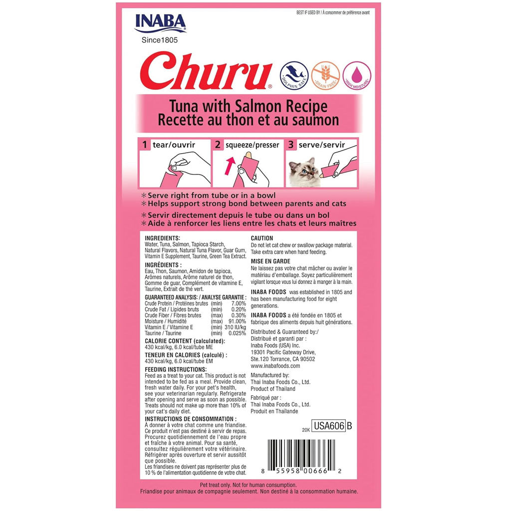 Inaba Churu Tuna with Salmon Puree Grain-Free Lickable Treat for Cats, 0.5-oz x 4-tubes