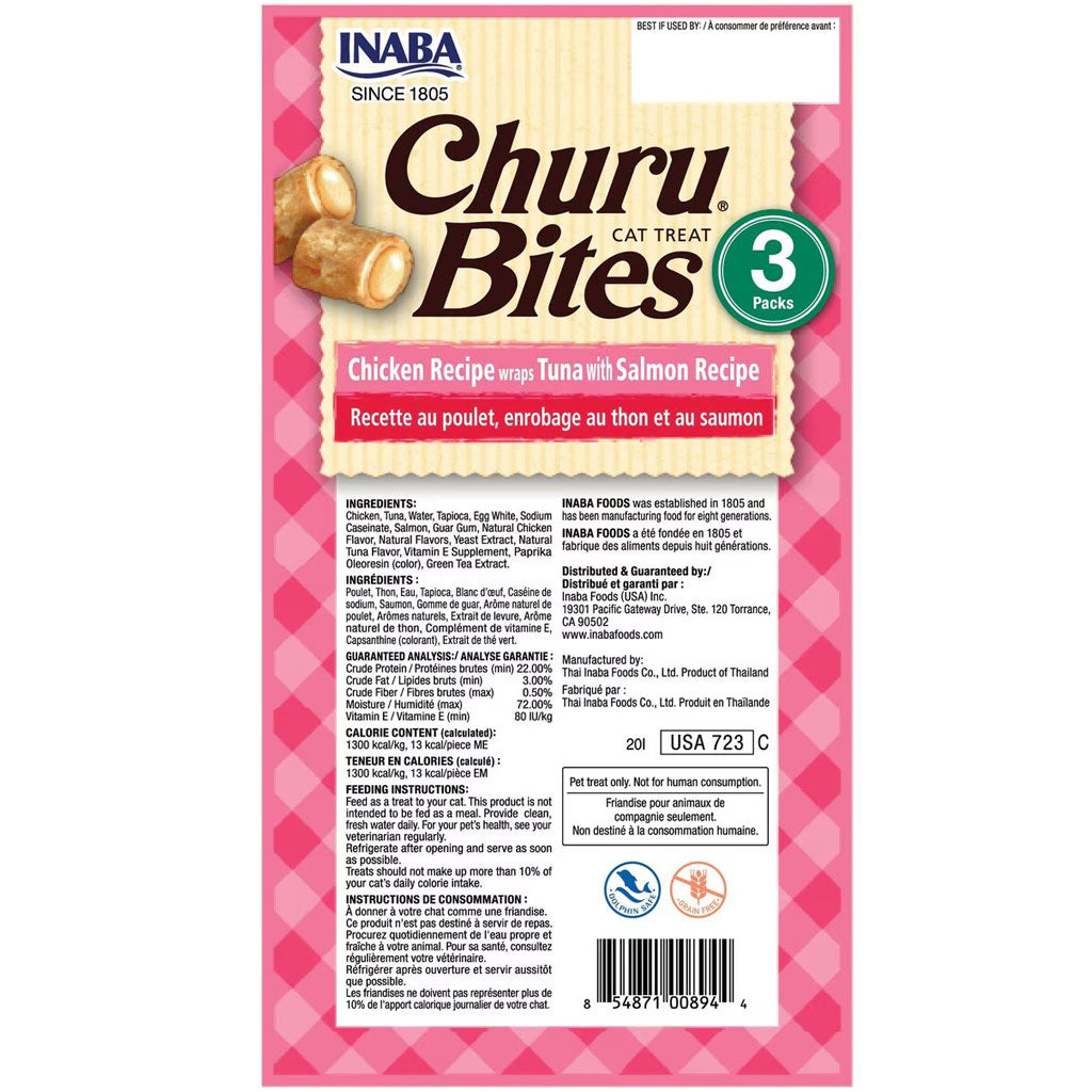 Inaba Churu Bites Chicken Recipe wraps Tuna with Salmon Recipe Cat Treats, 0.35-oz X 3