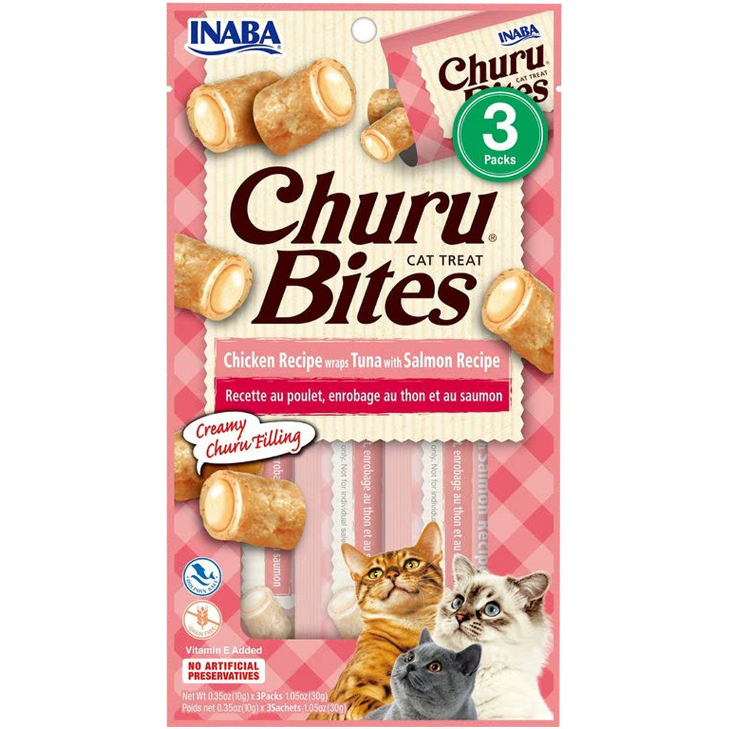 Inaba Churu Bites Chicken Recipe wraps Tuna with Salmon Recipe Cat Treats, 0.35-oz X 3