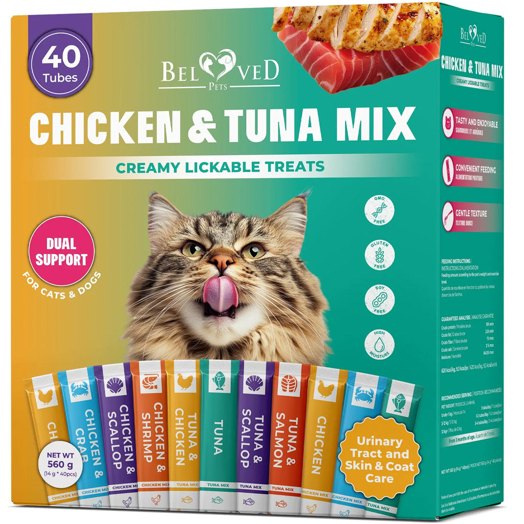 Beloved Pets Chicken & Tuna Mix Creamy Lickable Treats Dual Support for Cats & Dogs, 40-count
