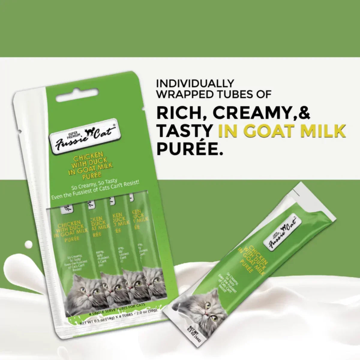 Fussie Cat Chicken with Duck in Goat Milk Puree Lickable Cat Treats, 0.5-oz x 4-tubes