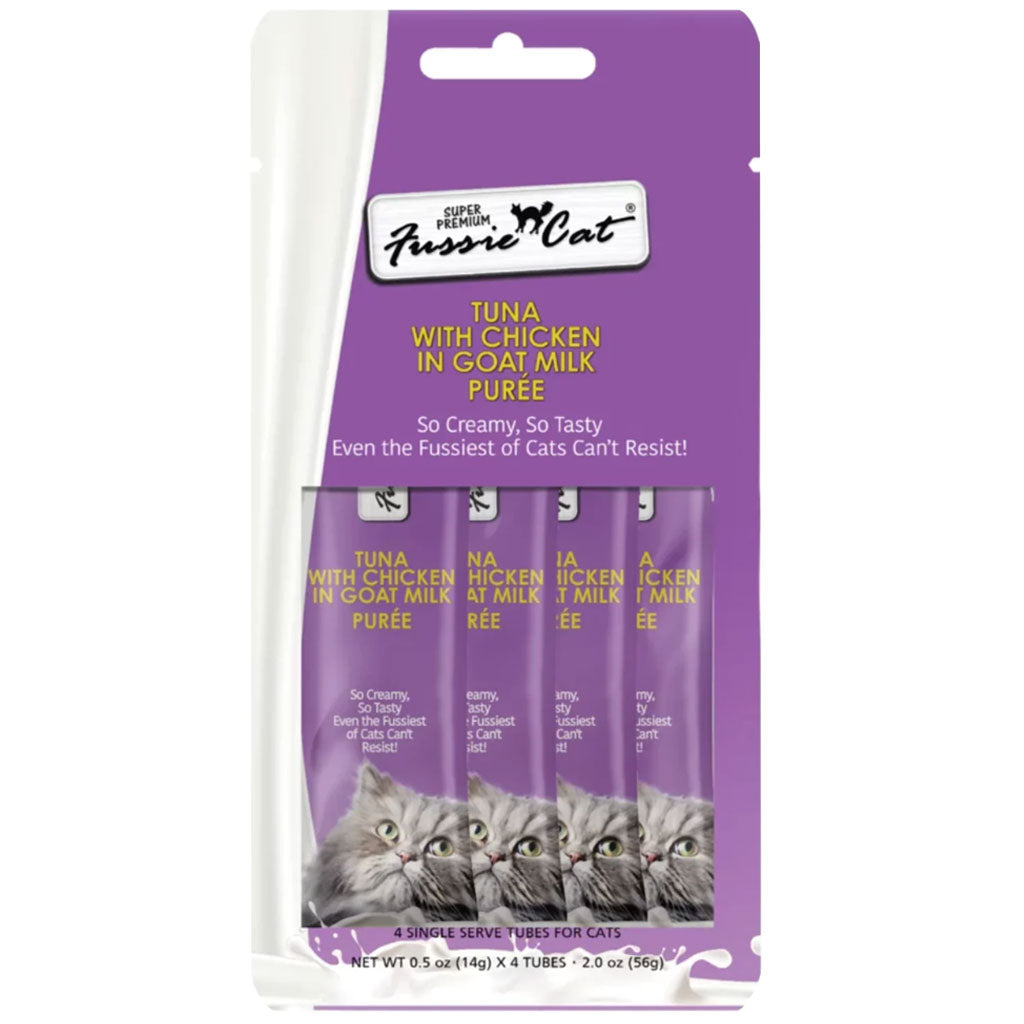 Fussie Cat Tuna with Chicken in Goat Milk Puree Lickable Cat Treats, 0.5-oz x 4-tubes