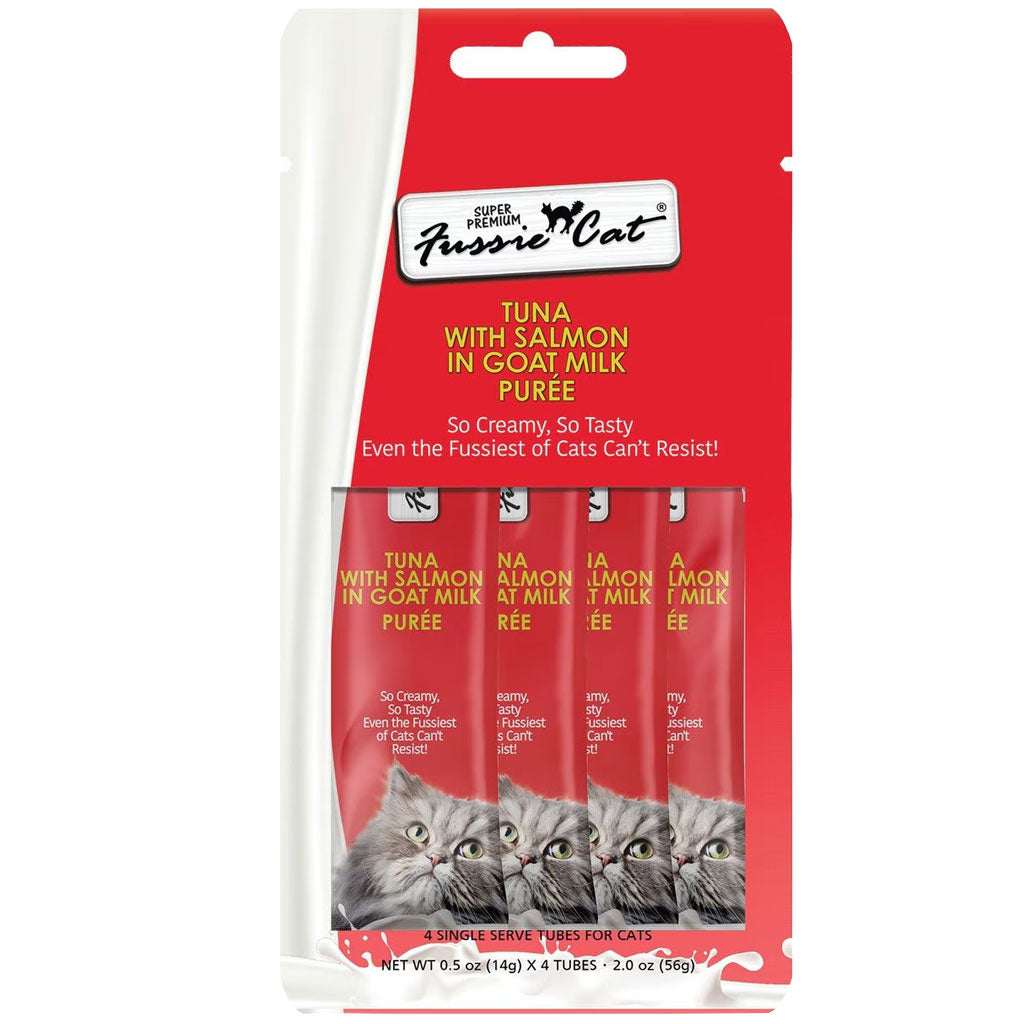 Fussie Cat Tuna with Salmon in Goat Milk Puree Lickable Cat Treats, 0.5-oz x 4-tubes