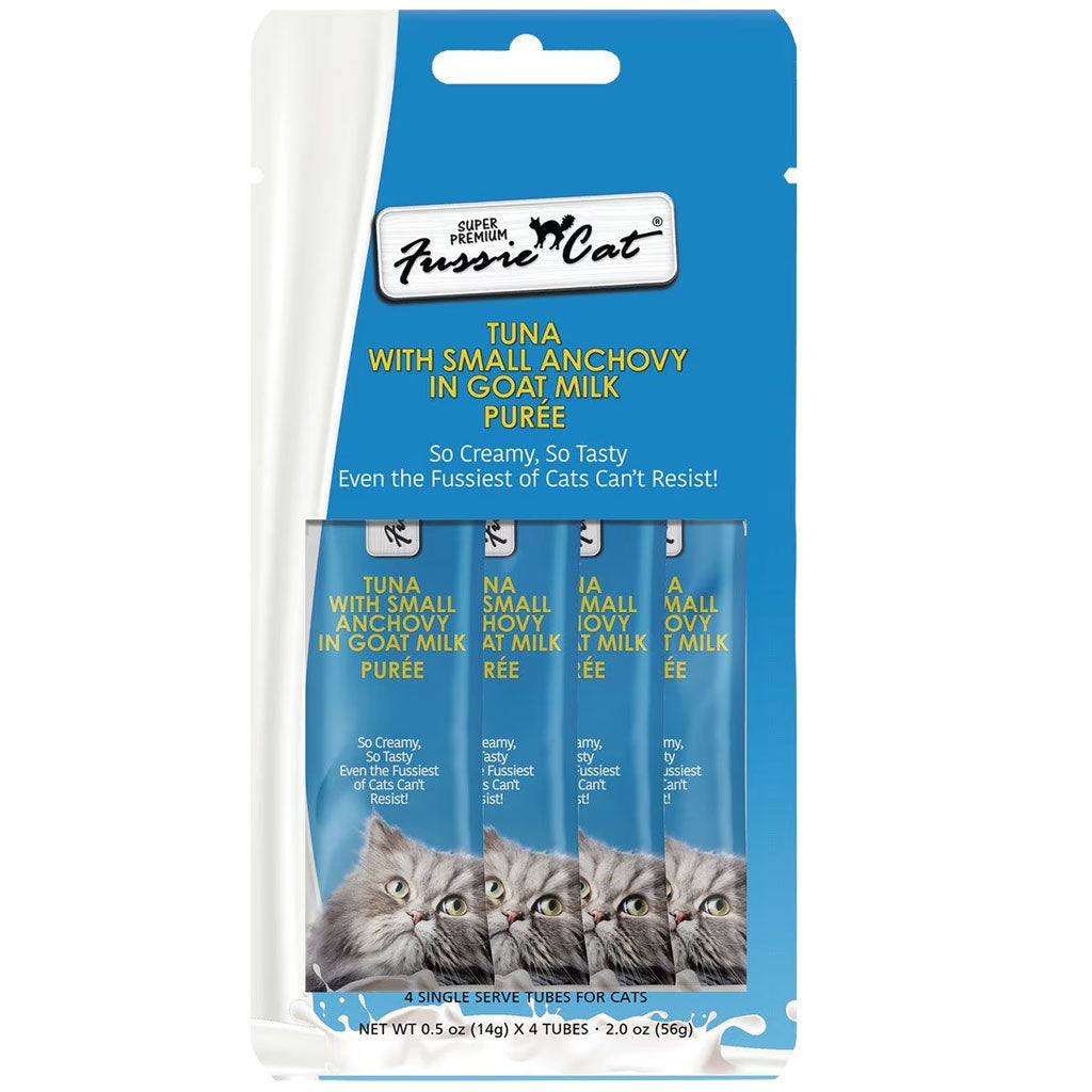 Fussie Cat Tuna with Small Anchovy in Goat Milk Puree Lickable Cat Treats, 0.5-oz x 4-tubes