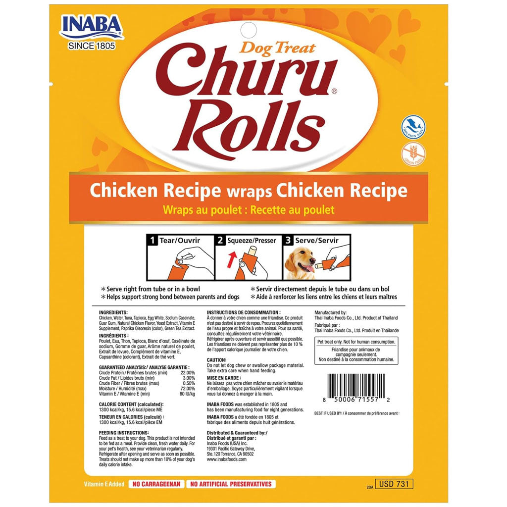 Inaba Churu Rolls Chicken Recipe wraps Chicken Dog Treats, 0.42-oz X 8 Tubes